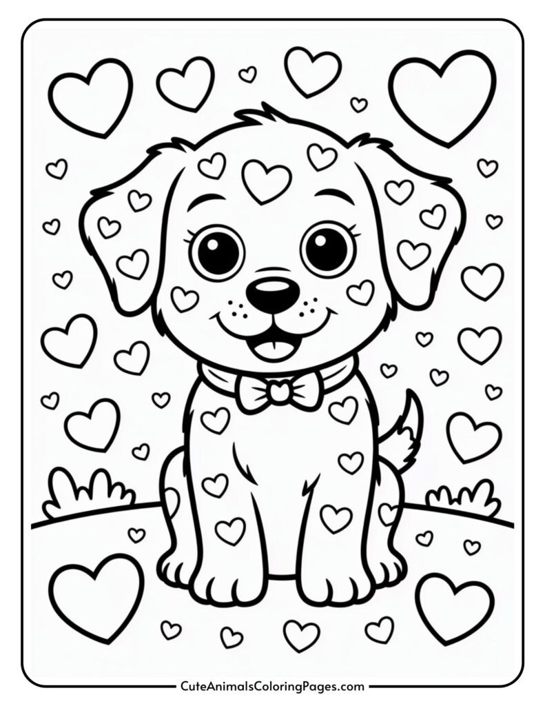 A cartoon puppy with a bow sits surrounded by numerous hearts of varying sizes.