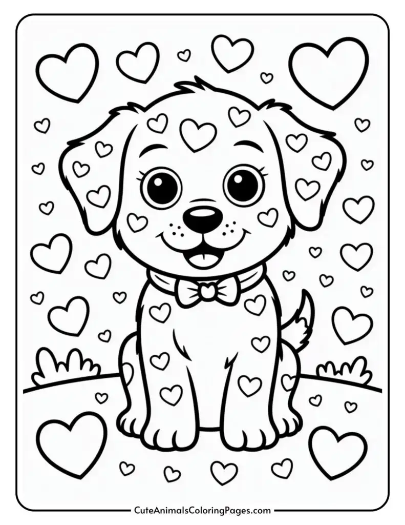 A cartoon puppy with a bow sits surrounded by numerous hearts of varying sizes.