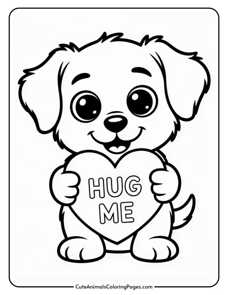 A cartoon puppy holding a heart-shaped sign with the text "Hug Me."
