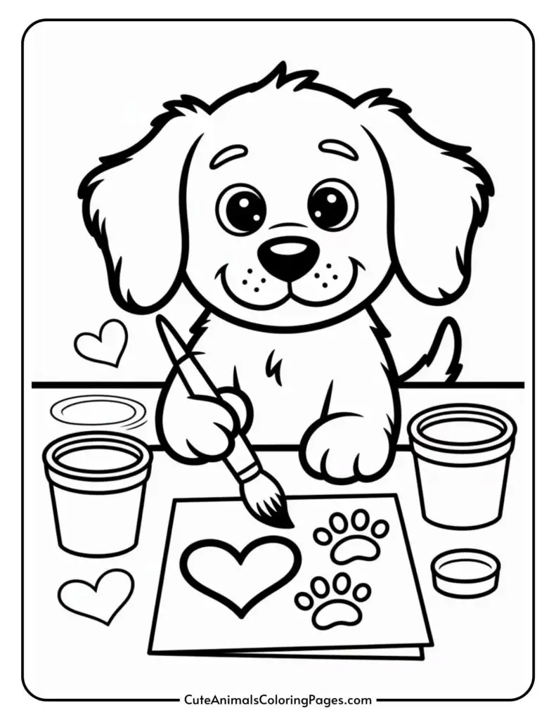 A cartoon puppy painting a heart and paw prints on paper, surrounded by paint jars and hearts.