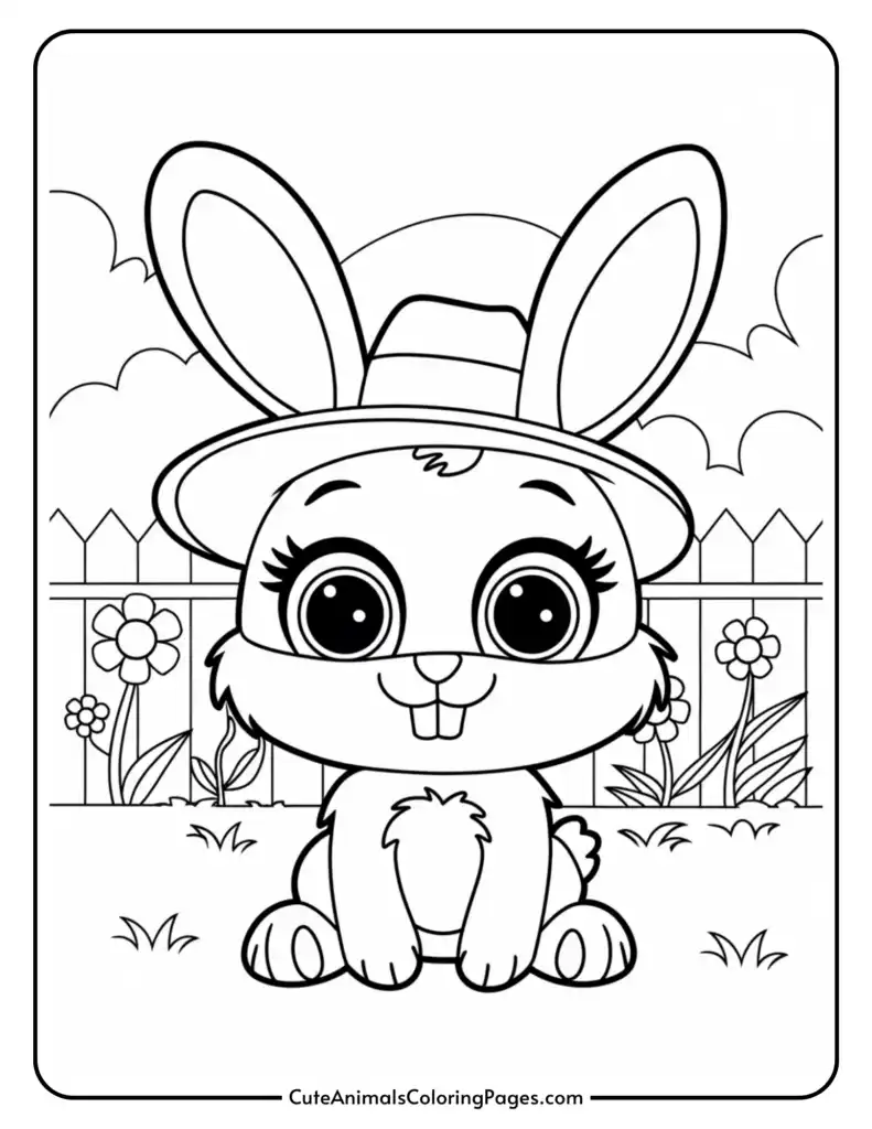 Cartoon bunny wearing a hat, sitting in front of a fence with flowers and grass.