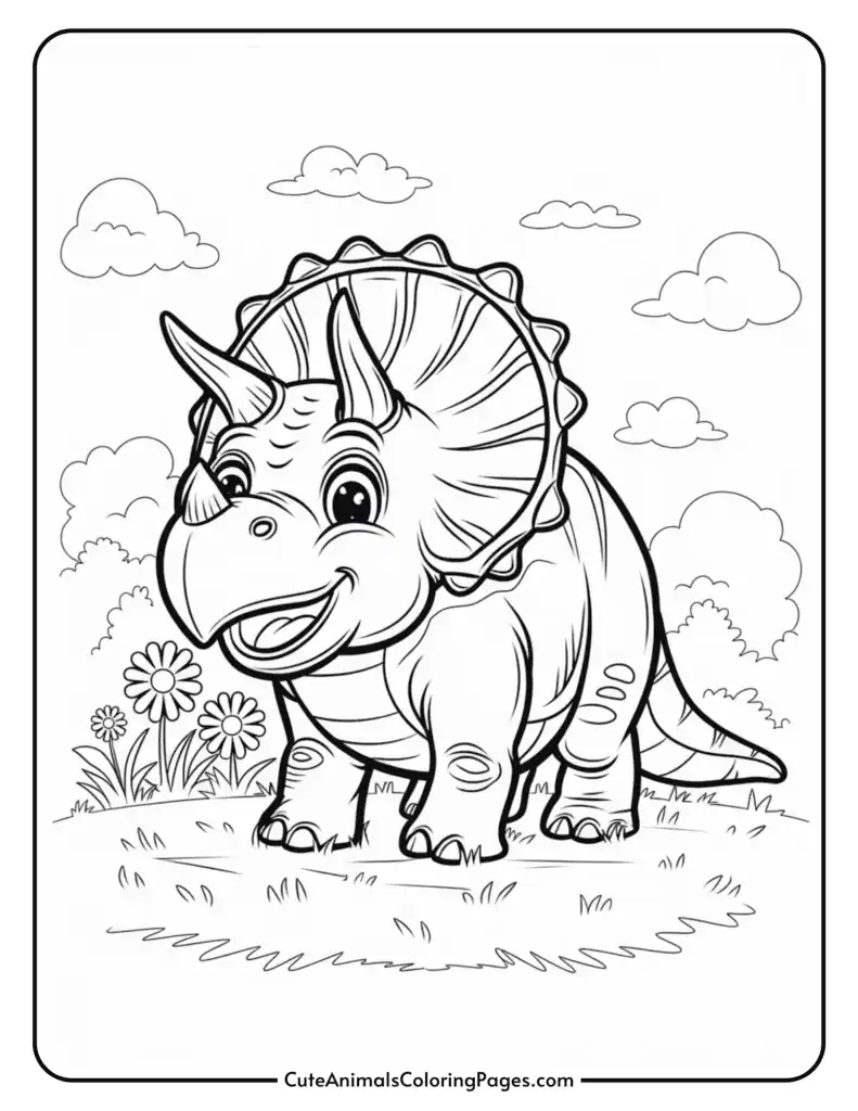 Cartoon triceratops coloring page with flowers and clouds in the background.