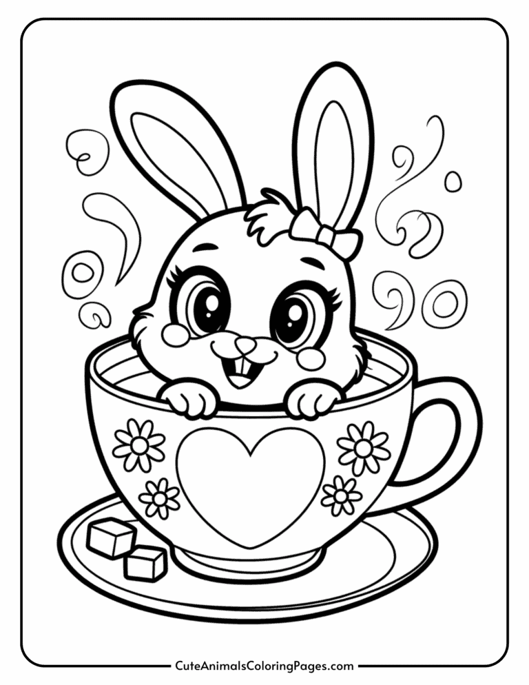 Cute bunny peeking out of a teacup with heart and flower designs, surrounded by swirls and sugar cubes.