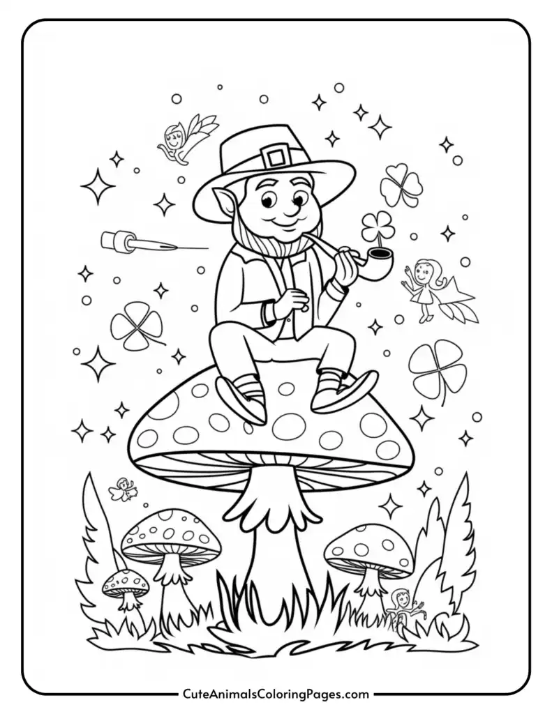 "Coloring page of a leprechaun sitting on a large mushroom, surrounded by fairies, clovers, and stars."