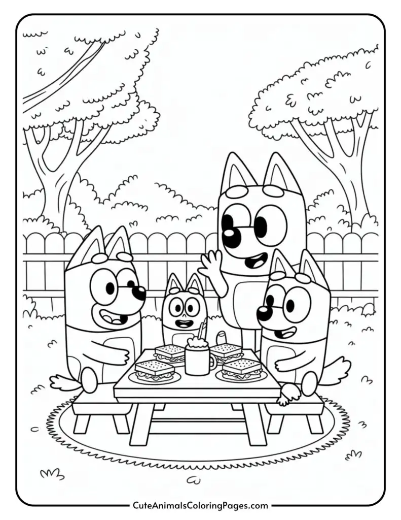 A cartoon family of anthropomorphic dogs sitting around a picnic table in a yard, with trees and a fence in the background. They are enjoying a meal together, with sandwiches and a drink on the table. The scene is a black-and-white coloring page.