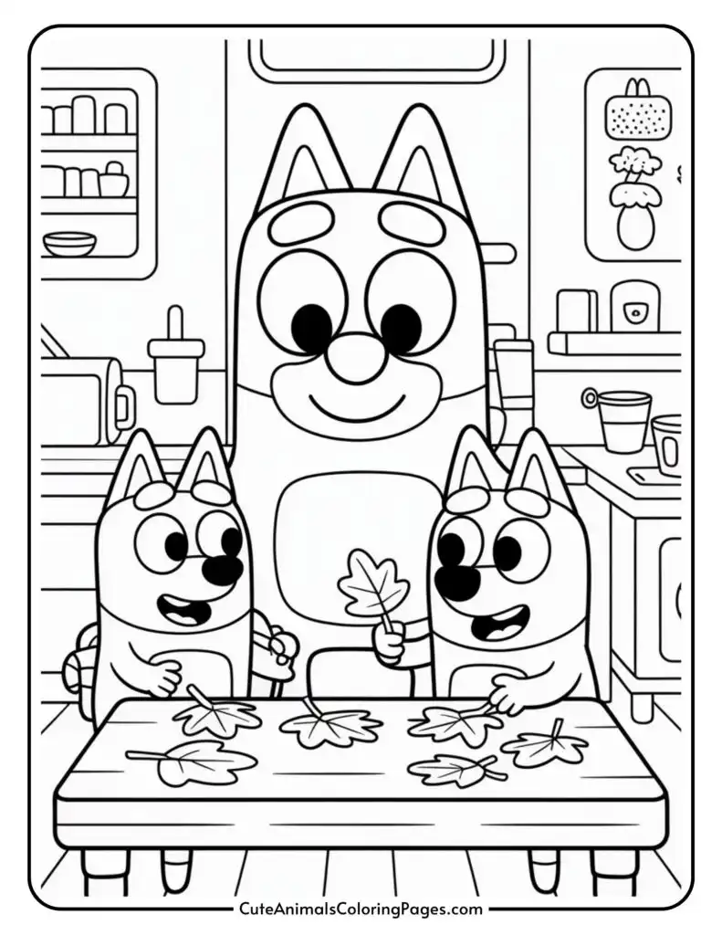 A coloring page featuring three cartoon dog characters, resembling a family, in a kitchen. Two smaller dogs are sitting at a table, each holding a leaf, while the larger dog stands behind them, smiling. The kitchen background includes a cupboard and various kitchen items.