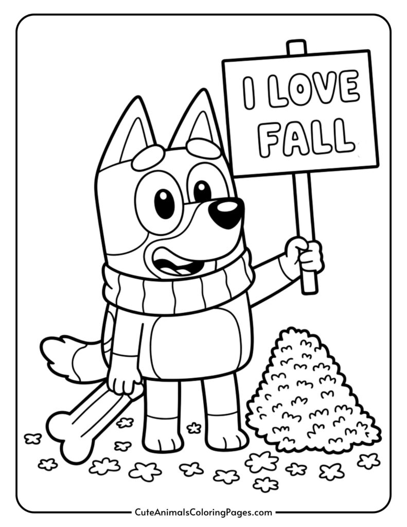 Cartoon dog wearing a scarf, holding a sign that says 'I Love Fall' next to a pile of leaves and a bone on the ground.