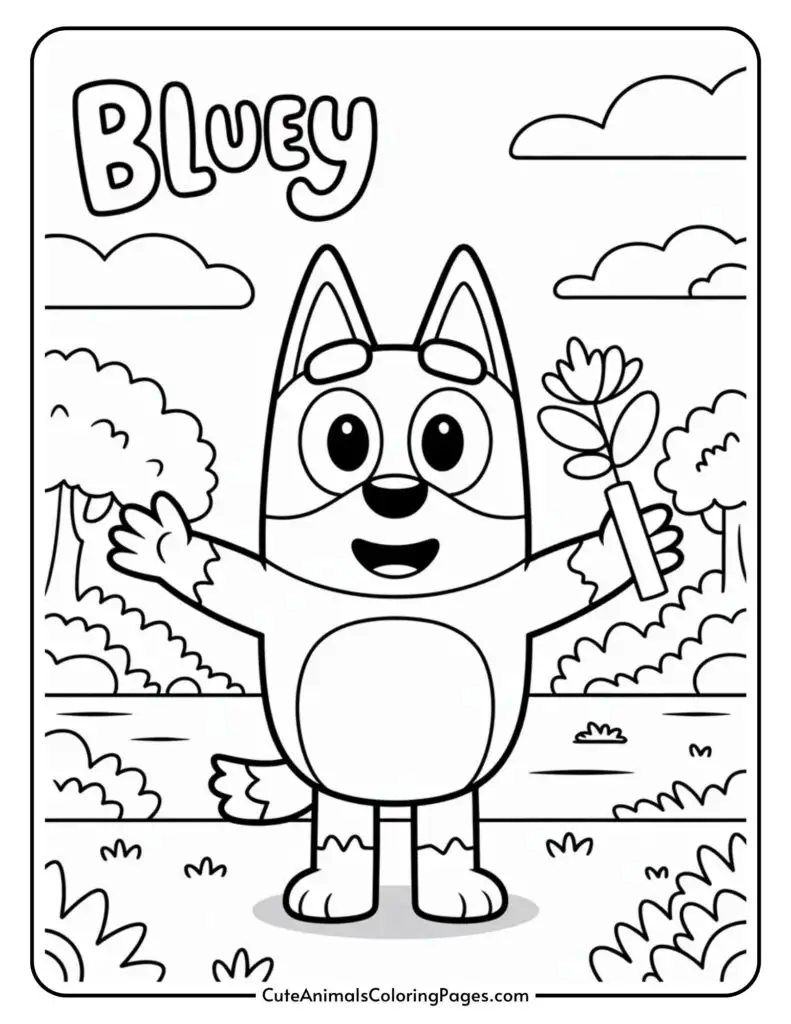 A cartoon character resembling a dog standing with arms wide open, smiling and holding a flower in a scenic outdoor setting with trees and clouds. The name 'Bluey' is written at the top.