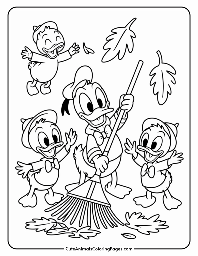 A coloring page featuring a well-known cartoon duck wearing a sailor hat, surrounded by three smaller ducks. The larger duck is raking leaves, while the smaller ducks are playfully interacting with the falling leaves.