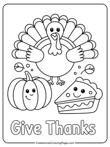 A black and white Thanksgiving coloring page featuring a smiling turkey, a happy pumpkin, and a cheerful slice of pie. The words 