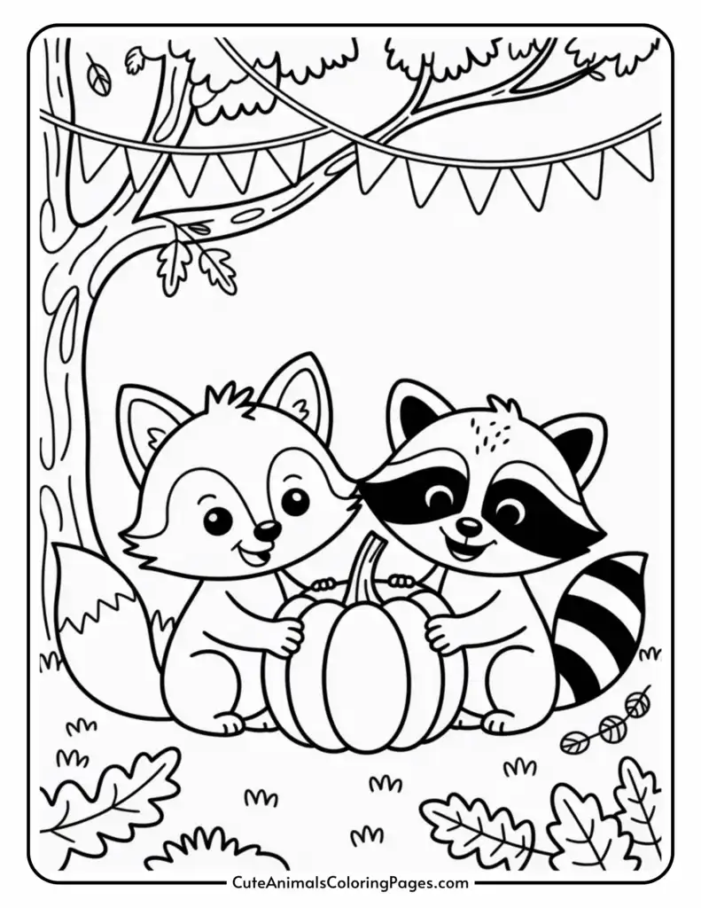 A coloring page featuring a cute anthropomorphic fox and raccoon sitting together, holding a pumpkin. They are under a tree with a string of triangular flags hanging above them. The scene is set outdoors with leaves scattered on the ground, suggesting an autumn theme.