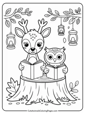 A coloring page featuring a cartoon deer and owl sitting on a tree stump, reading books. Lanterns hang from branches above, surrounded by leaves.