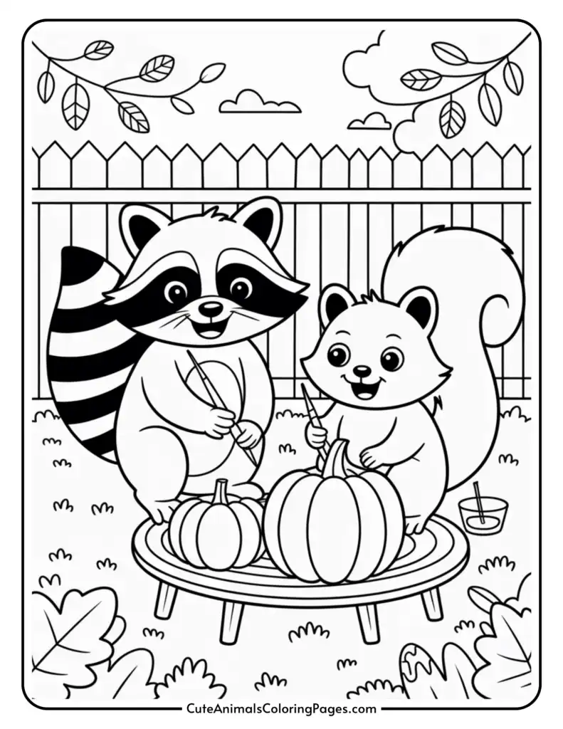 A cartoon raccoon and squirrel painting pumpkins on a small round table, set in a garden with a picket fence, clouds, and leafy branches in the background.