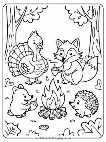 Illustration of a fox, turkey, bear, and hedgehog sitting around a campfire in a forest, toasting marshmallows on sticks.