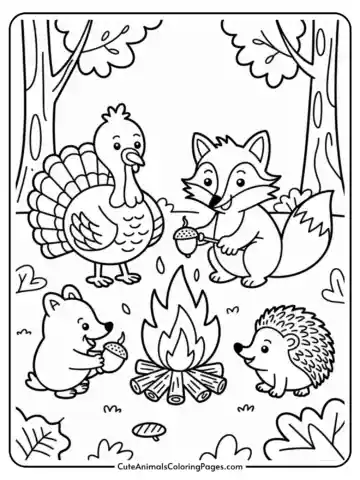 Illustration of a fox, turkey, bear, and hedgehog sitting around a campfire in a forest, toasting marshmallows on sticks.