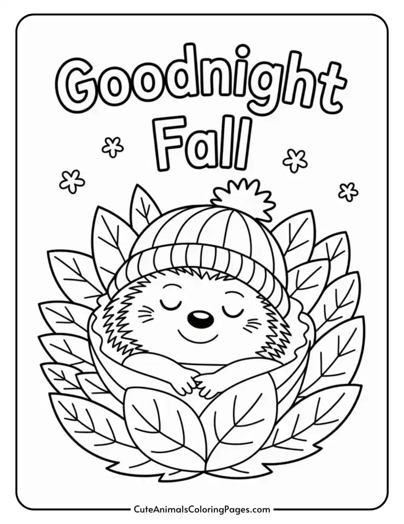 A coloring page featuring a hedgehog wearing a beanie, surrounded by leaves with the text 'Goodnight Fall' at the top and small stars scattered around.