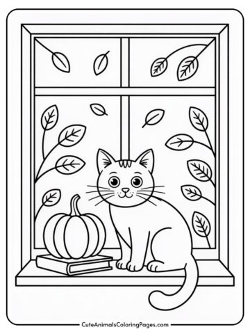 A black and white illustration of a cat sitting on a windowsill next to a pumpkin and a book, with leaves visible through the window.