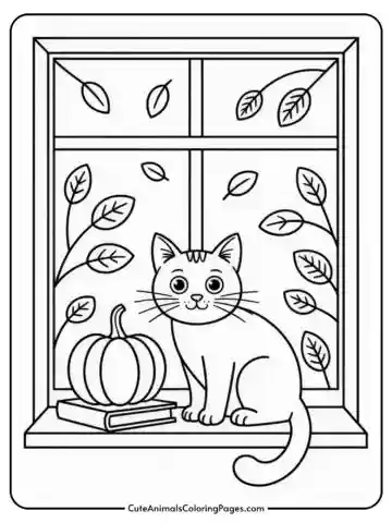 A black and white illustration of a cat sitting on a windowsill next to a pumpkin and a book, with leaves visible through the window.