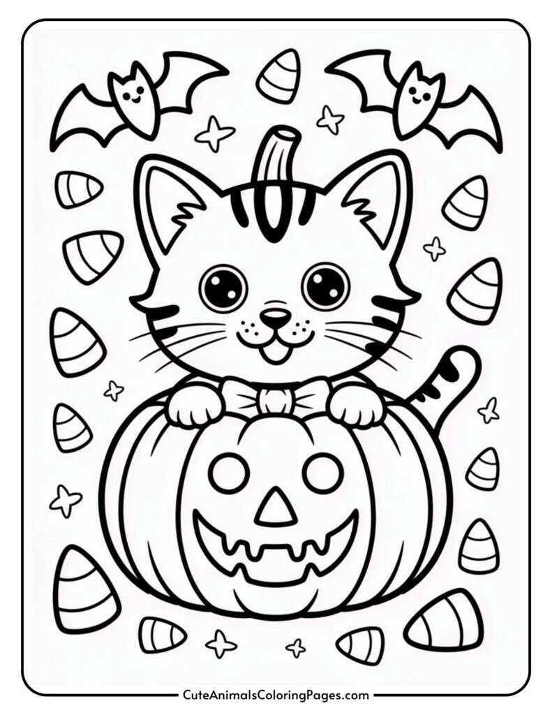 A cute coloring page featuring a cartoon cat popping out of a carved pumpkin with a jack-o'-lantern face. The background includes smiling bats and scattered candy corn pieces, adding a Halloween theme to the image.