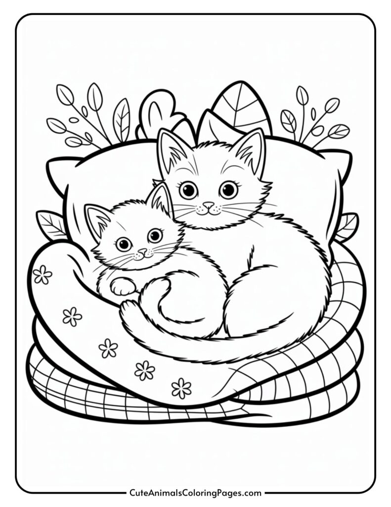 A line drawing of two cute, fluffy cats cuddling on a stack of patterned pillows, surrounded by abstract leaves.