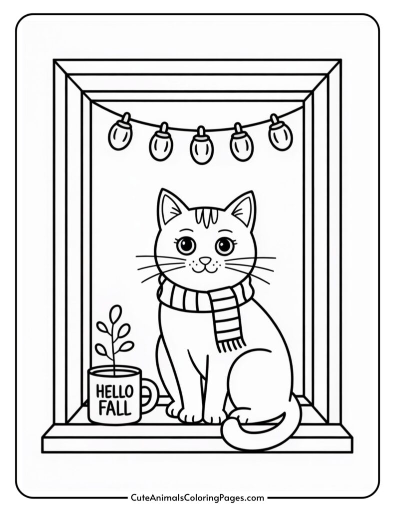 A cute coloring page featuring a cat wearing a striped scarf sitting on a window sill. Above the cat, there is a string of lights. Next to the cat, there is a mug with the words "Hello Fall" and a small plant inside. The illustration has simple, bold outlines, ideal for coloring.