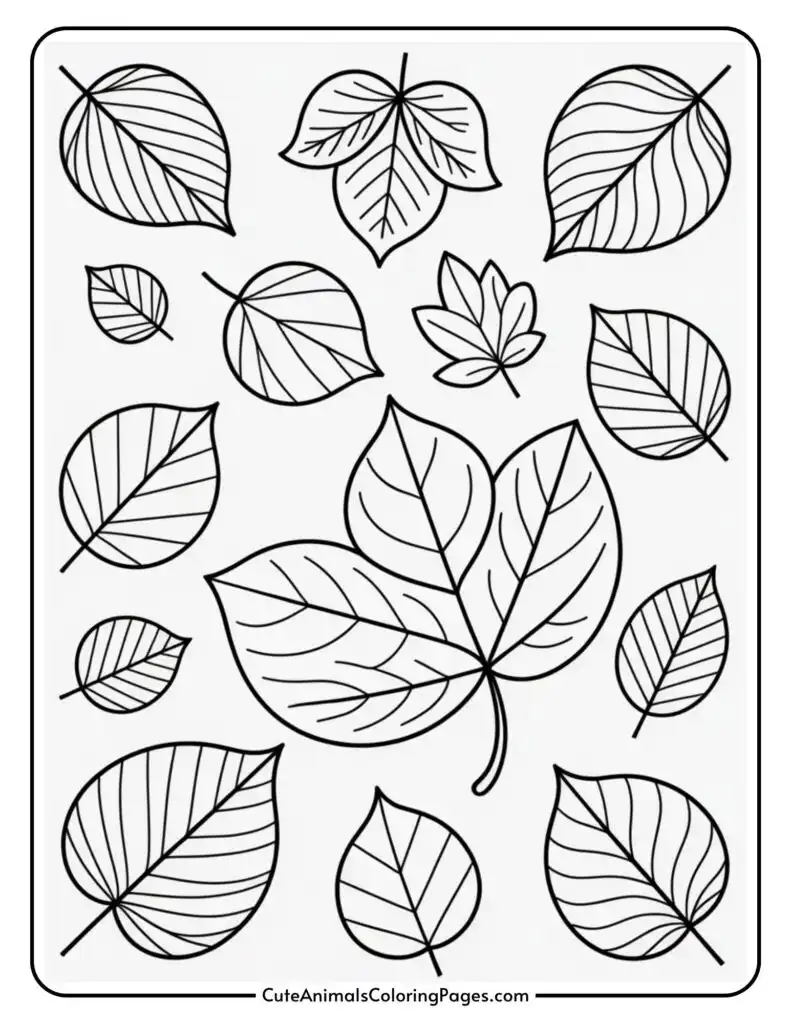 Black and white line drawing of various leaves with different shapes and sizes, arranged across the page.