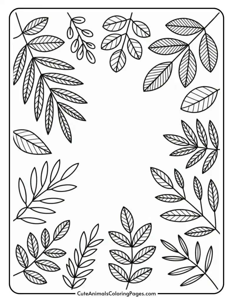 Black and white outline of various leafy branch designs arranged artistically around the edges of a rectangular frame, with space in the center for coloring or writing.