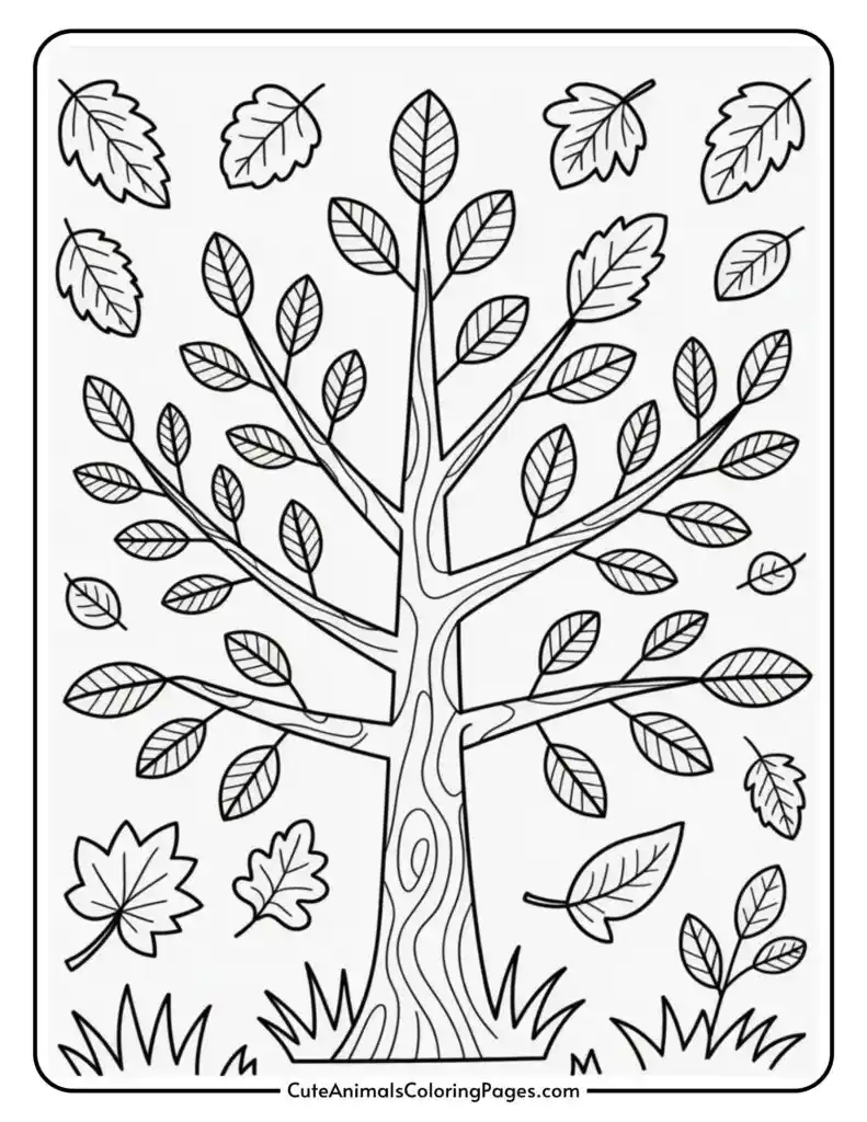 Outline drawing of a tree with bare branches surrounded by various falling leaves, set against a plain background.