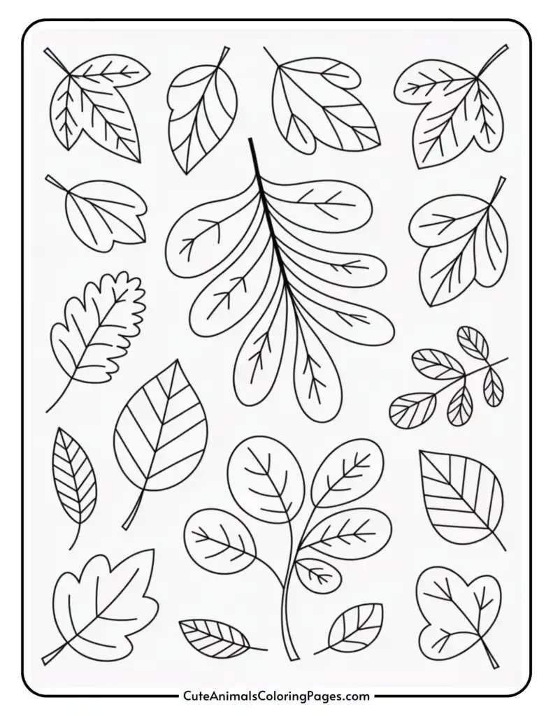 A coloring page featuring various outlined leaves in different shapes and sizes, arranged randomly on the page.