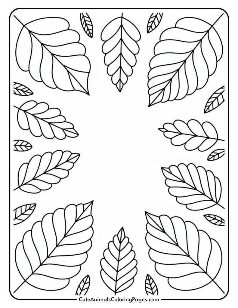 Black and white leaf pattern coloring page with various leaf designs symmetrically arranged around the edges of a blank center space.