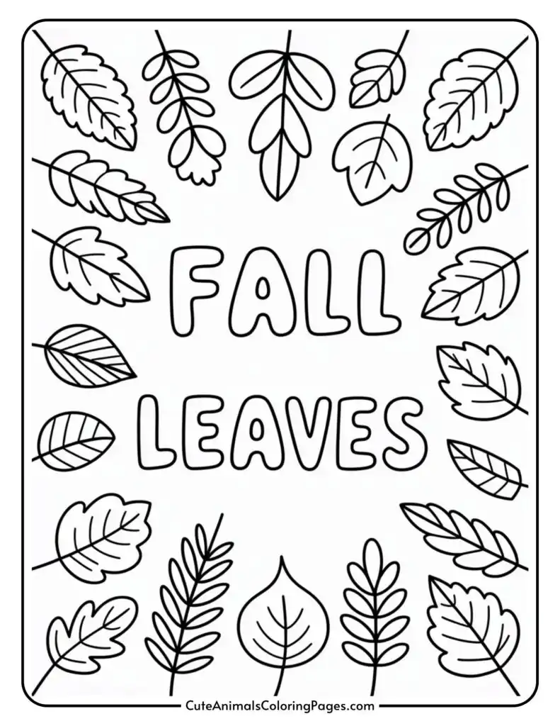 A coloring page titled "FALL LEAVES" surrounded by various outlined leaf designs.