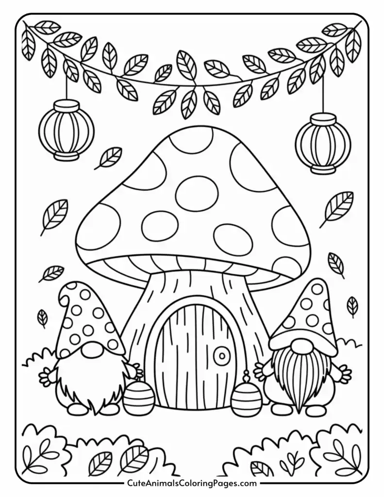Line drawing of two gnomes with beards, each holding a lantern, standing beside a large mushroom-shaped house with a polka dot roof. The scene is framed by leafy branches with hanging lanterns above.