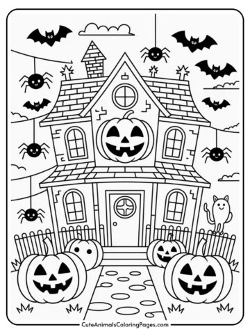 A Halloween-themed coloring page featuring a haunted house with a large jack-o'-lantern on its facade. Surrounding the house are hanging spiders and flying bats. The yard is decorated with several jack-o'-lanterns and a smiling cat sits on the fence. The sky is cloudy, adding to the spooky atmosphere.