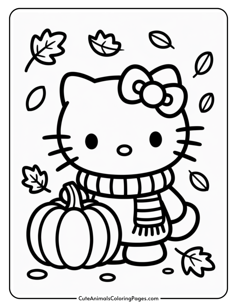 A cartoon character wearing a scarf, standing beside a large pumpkin surrounded by falling leaves, in a black and white coloring page.
