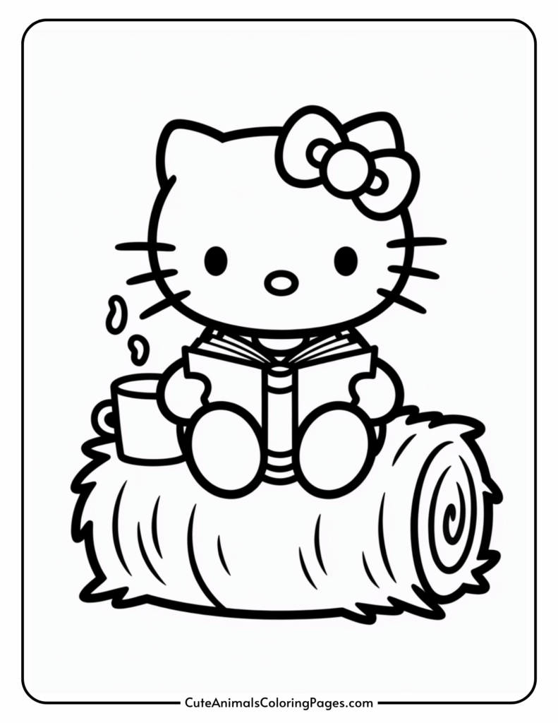 Outline illustration of a cute cartoon cat character with a bow on its head, sitting on a hay bale, reading a book and holding a steaming mug.
