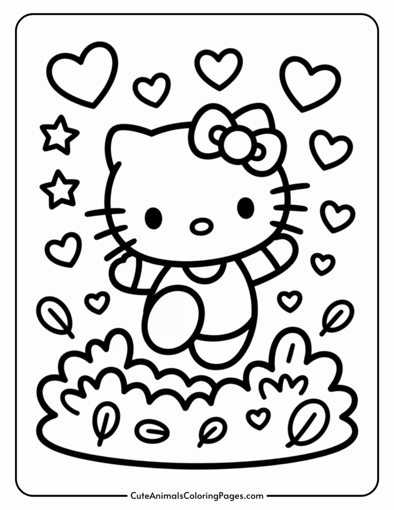 A cute cartoon character with a bow on its head, surrounded by hearts and stars, jumping in a grassy area with scattered leaves.