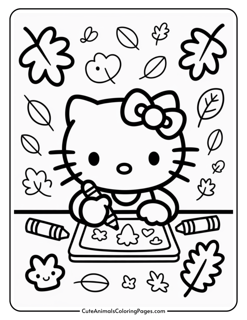 A cartoon cat character drawing fall-themed shapes, like leaves and hearts, surrounded by various leaf illustrations and two crayons.
