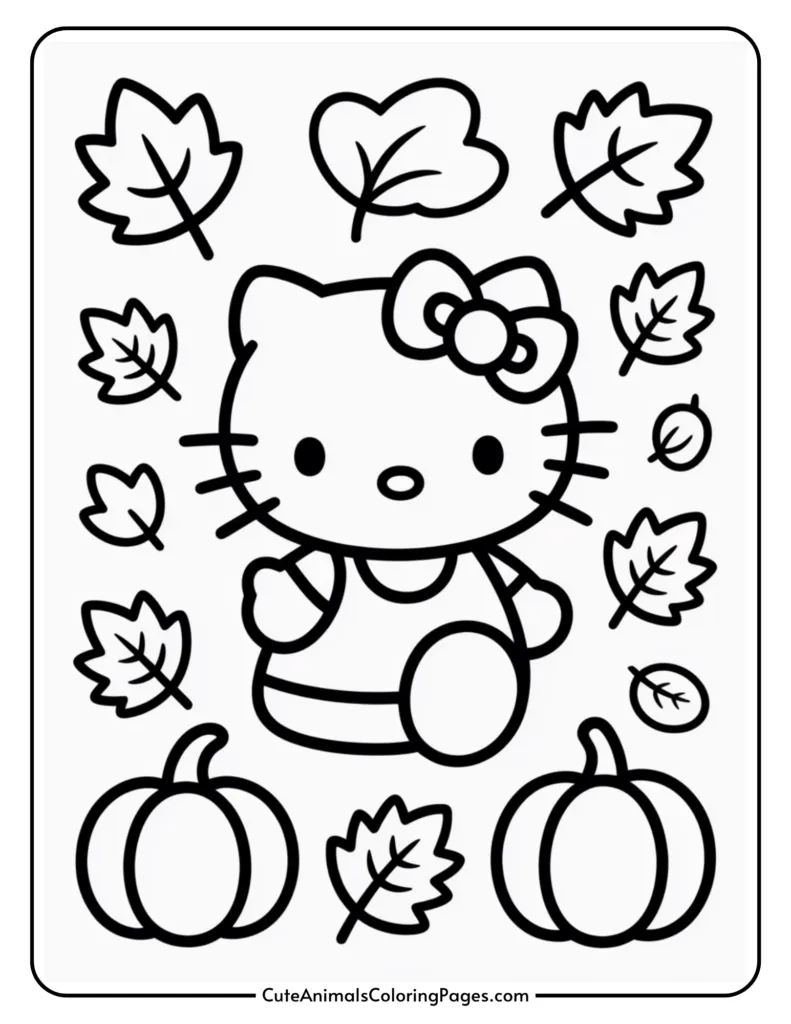 A cute cartoon cat with a bow on its head, surrounded by autumn leaves and two pumpkins, designed for coloring.