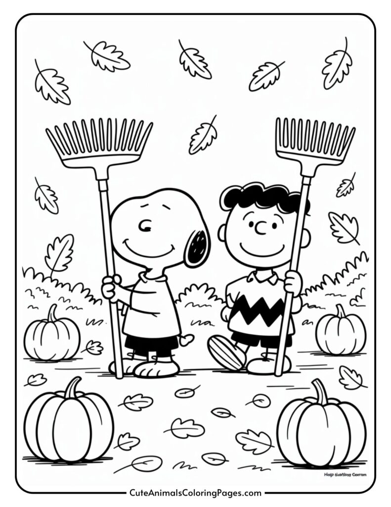 A black and white illustration of two cartoon characters holding rakes, standing among falling leaves and pumpkins on the ground, suggesting an autumn scene.