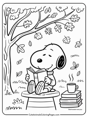 A cartoon dog character sitting on a stool outdoors, reading a book under a tree with falling leaves. There is a steaming mug and a stack of books next to the dog.