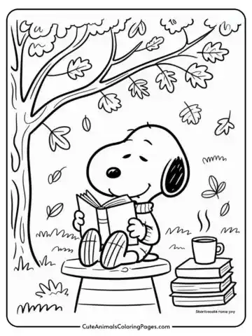 A cartoon dog character sitting on a stool outdoors, reading a book under a tree with falling leaves. There is a steaming mug and a stack of books next to the dog.