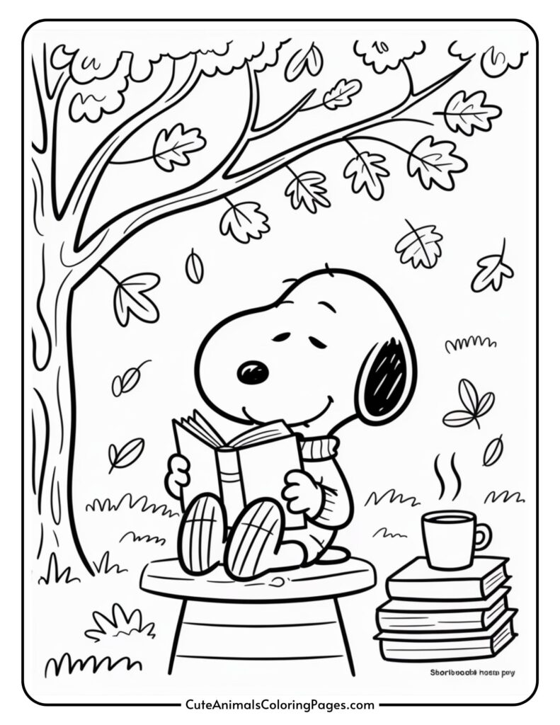 A cartoon dog character sitting on a stool outdoors, reading a book under a tree with falling leaves. There is a steaming mug and a stack of books next to the dog.