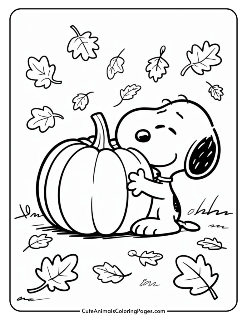 A cartoon dog happily hugging a large pumpkin, surrounded by falling autumn leaves in a coloring page.
