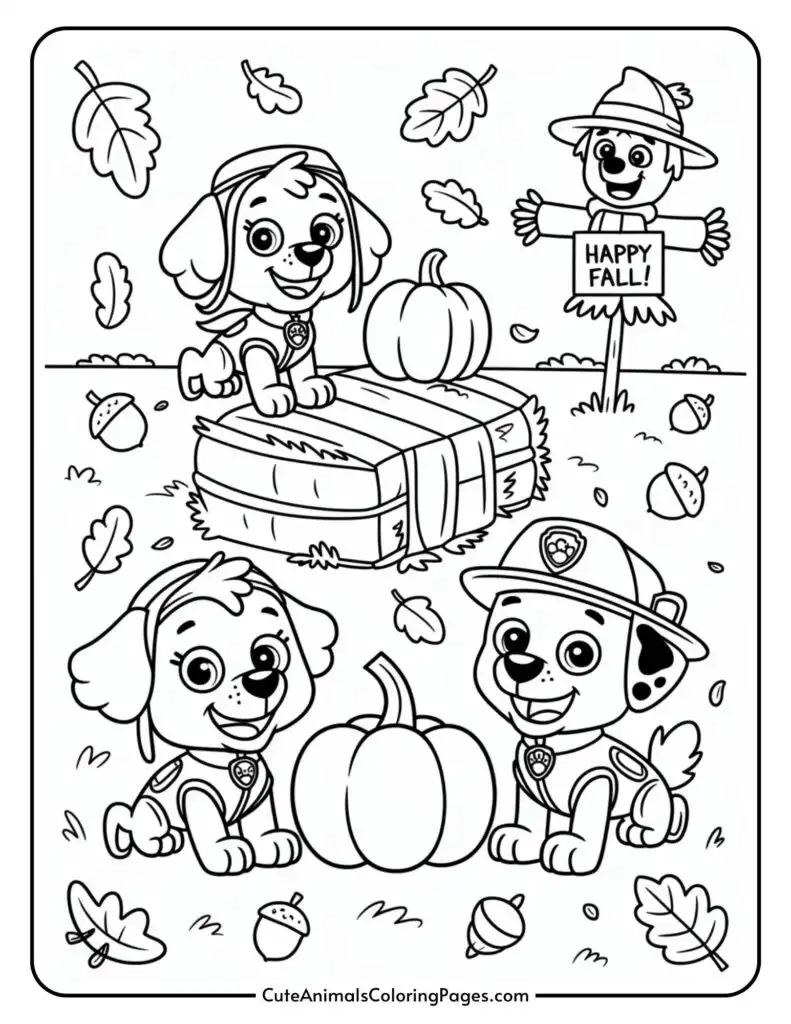 Cartoon dogs and a horrible celebration with pumpkins and the attention of aware of the autumn and acorns, with a 