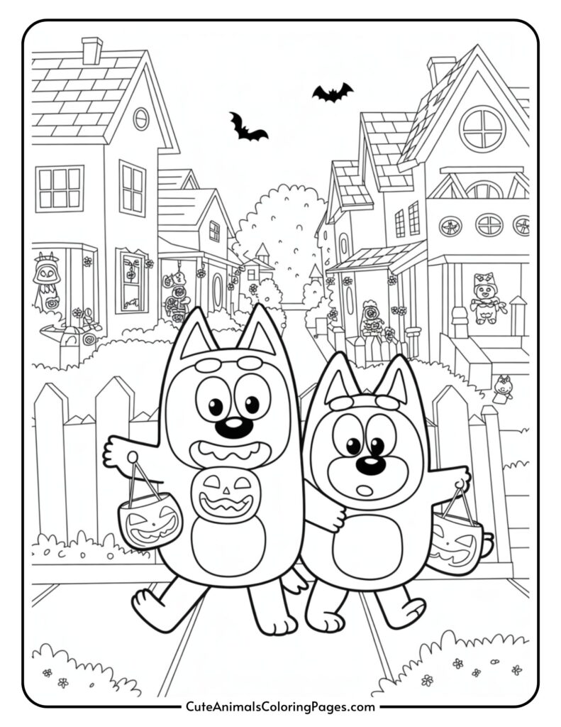 Two cartoon dogs dressed in Halloween costumes holding pumpkin baskets, walking down a neighborhood street with decorated houses and Halloween elements like bats in the sky.
