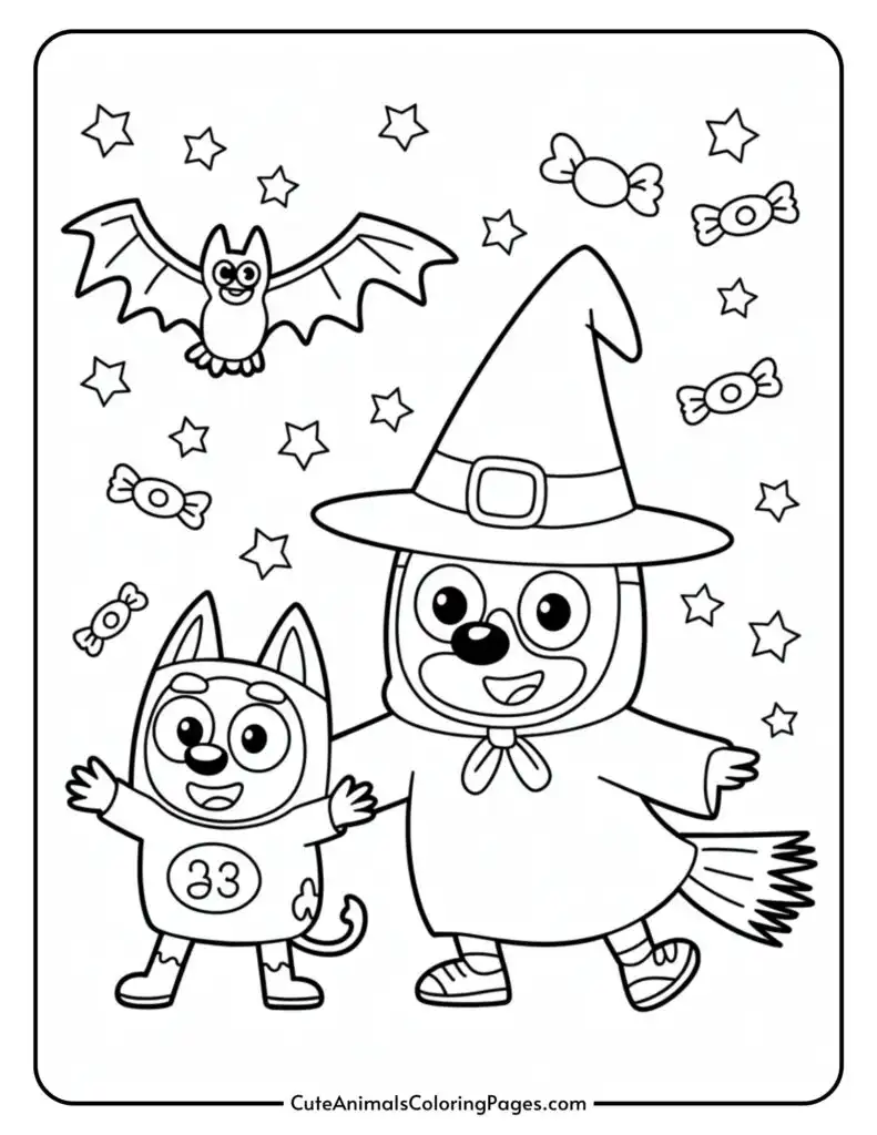 Two cartoon animals character in Halloween clothes; One is covered with a knife and battery, and the other is in a sporty living with a 33. The bat and a candle around the stars near the stars.