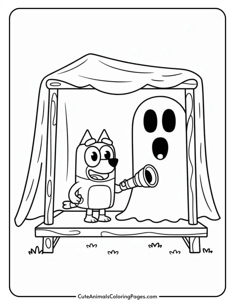 The cartoon dog character takes light on a small stage and in a sheet with two eyes and mouth cut, it is surprised under a tent structure.