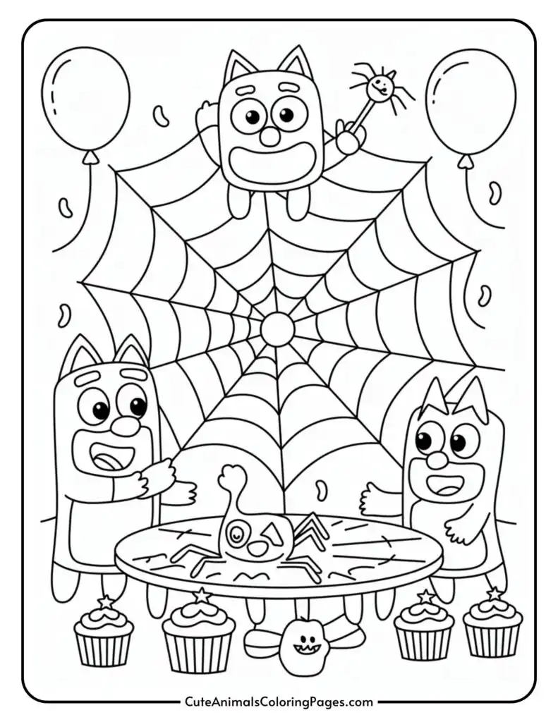 Photographs of the lucky cartoon animals of a party with a party with spiderweb, balon, and cupcakes on a table.
