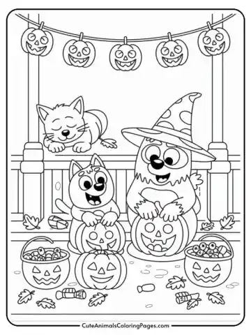 A coloring page featuring a playful Halloween scene with animated cats and pumpkins. Two cats are smiling with their paws on carved pumpkins, while a third cat sleeps on a ledge above. The background is decorated with a string of pumpkin lanterns and scattered candy and leaves on the ground.