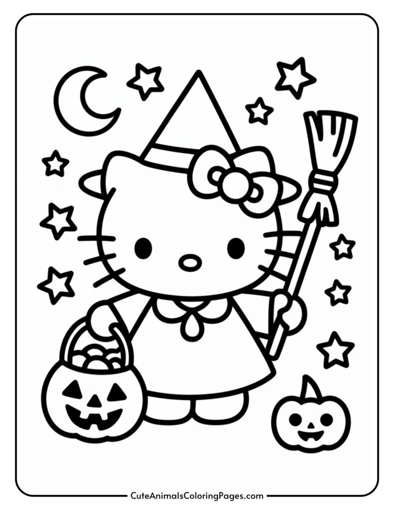 A cartoon cat wearing a witch hat and dress, holding a broom and a pumpkin basket, surrounded by stars and a crescent moon in a Halloween-themed coloring page.